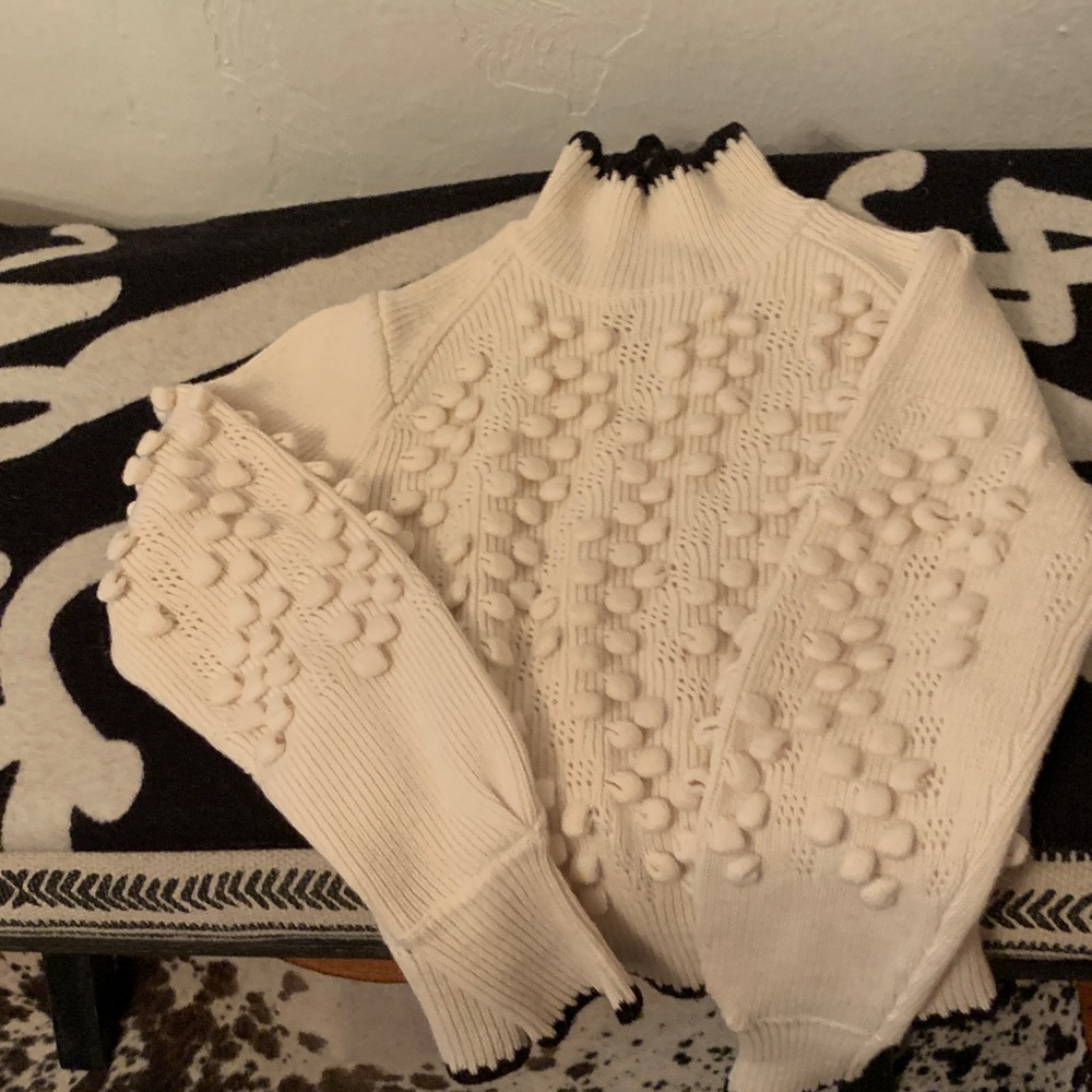 BCBGMaxAzria Cream Turtleneck Sweater with Pom Pom Details